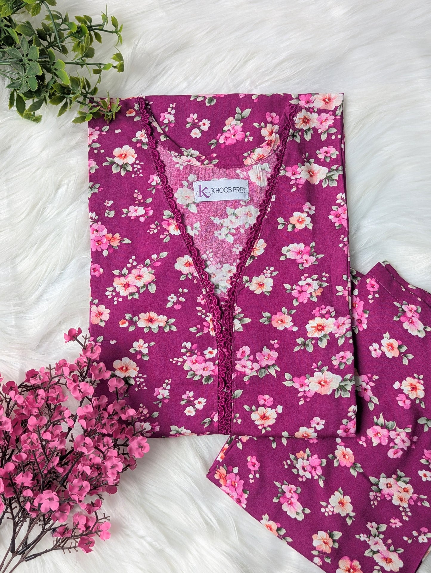 Magenta Petals Linen Stitched 2pc