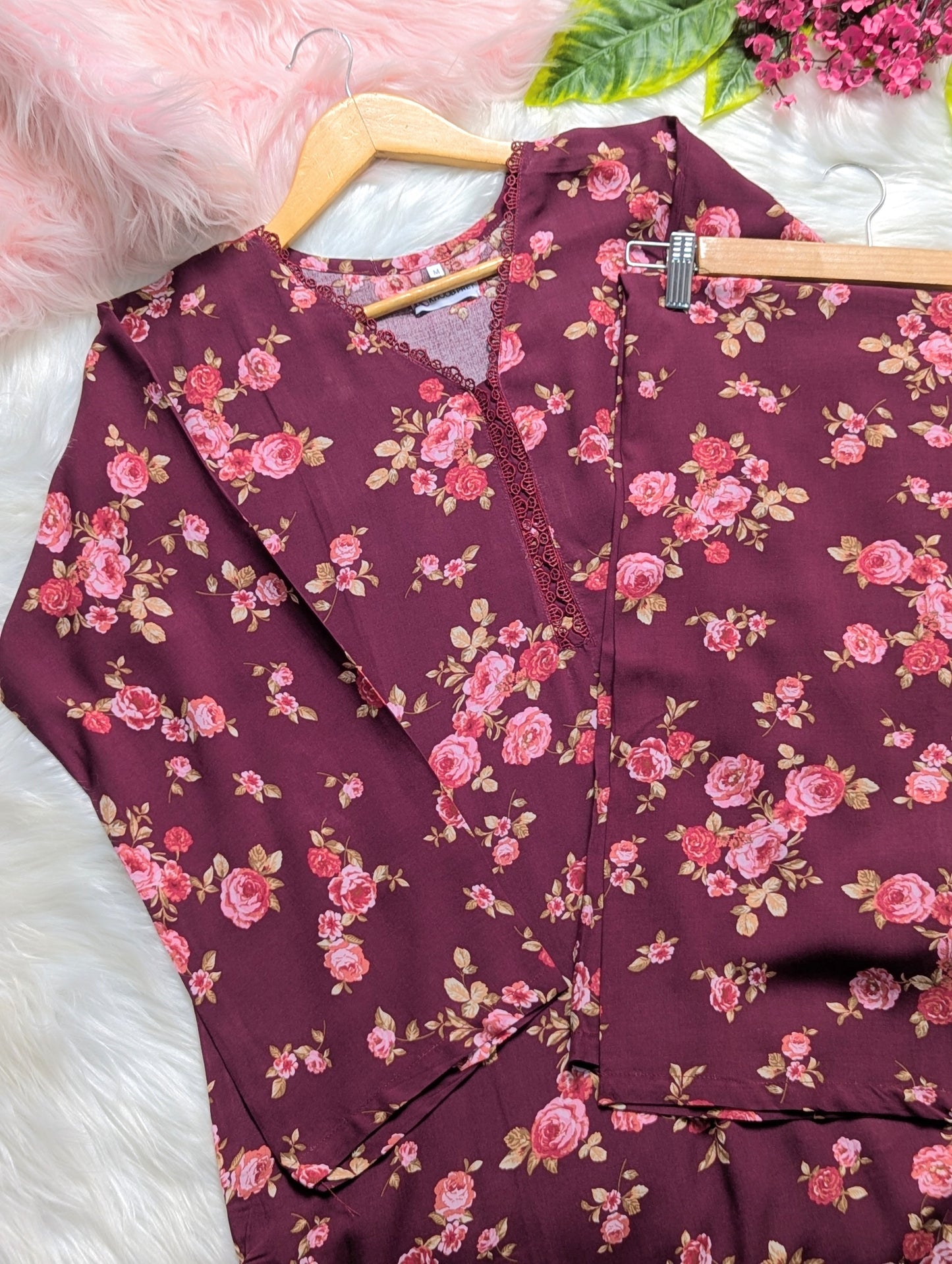 Burgundy Florals Linen Stitched 2pc
