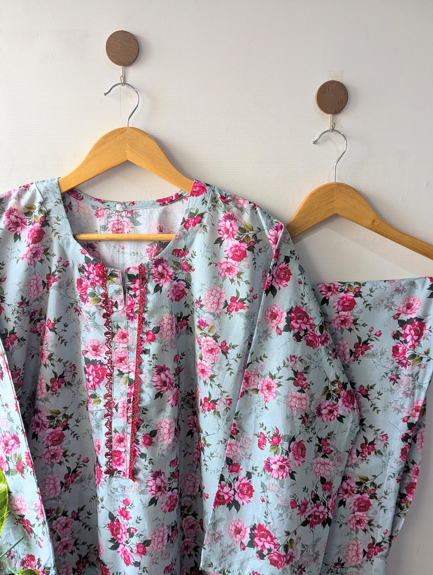 Sky & Pink Floral Lawn Stitched 2pc