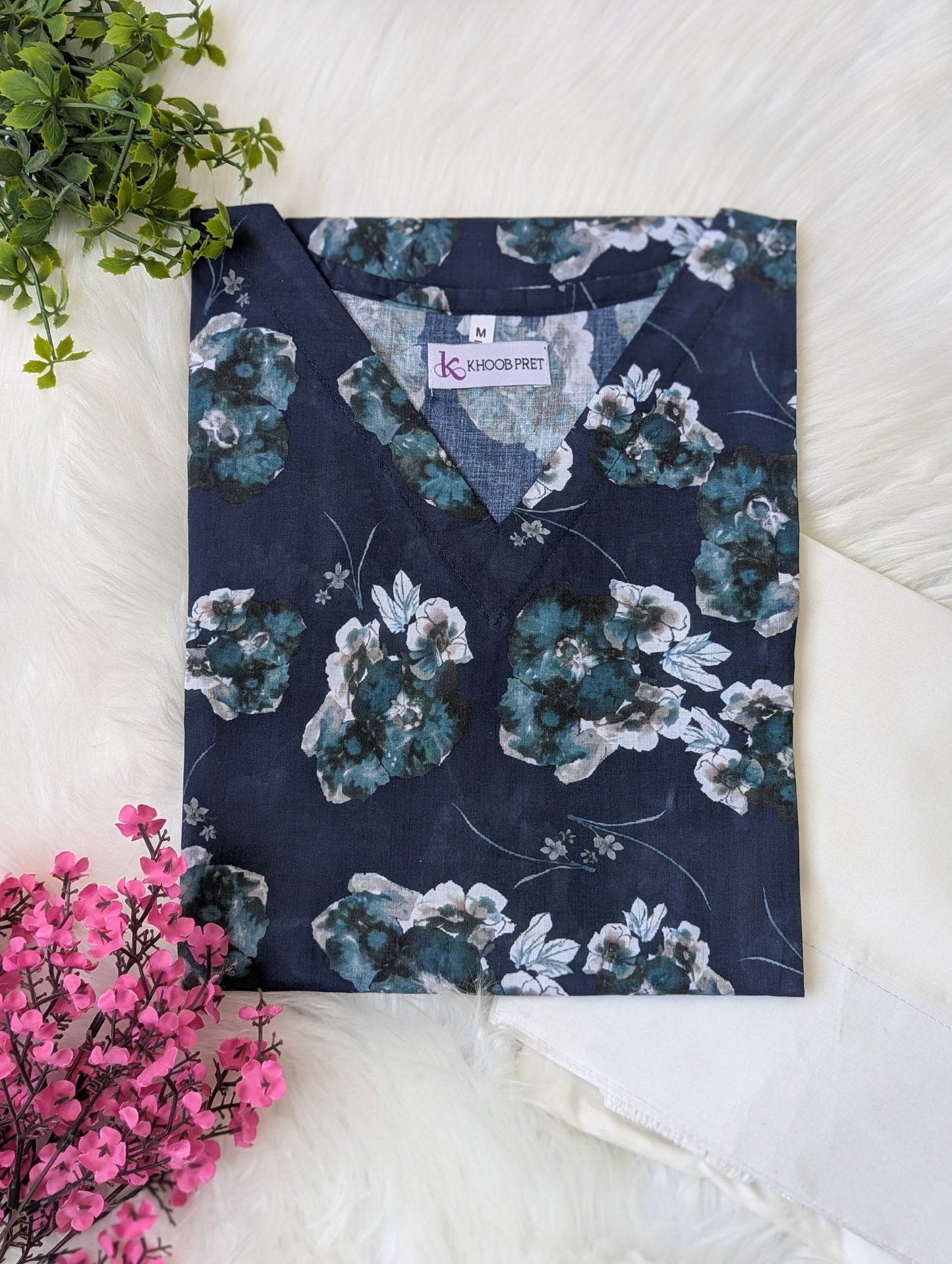 Navy Floral Lawn Farshi Set - Corset Back - 2pcs