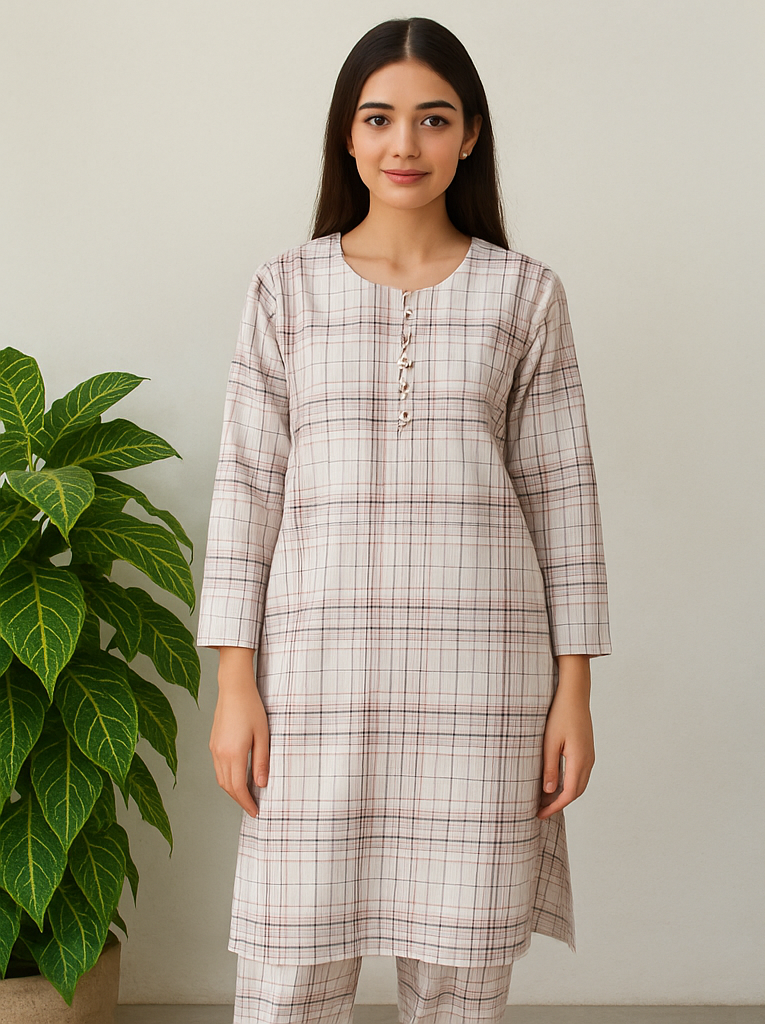White & Pink Lines Linen 2pc Dress