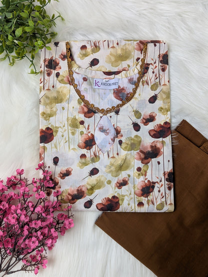 Beige Petals & Mustard Wide Leg Plazo - 2pcs