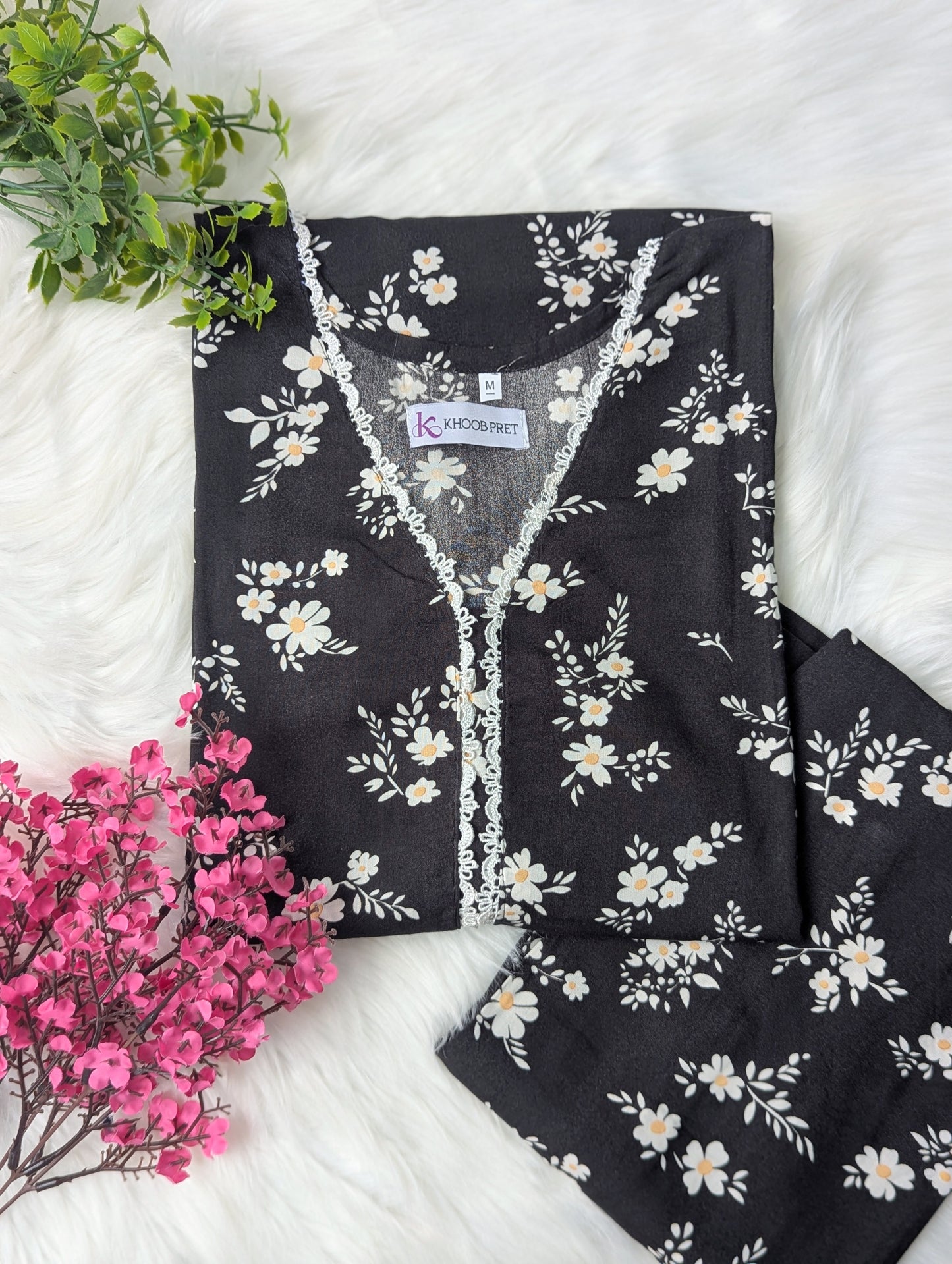 Black Petals Linen Stitched 2pc
