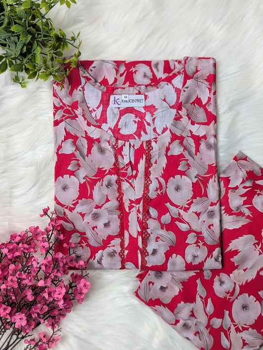 Red & White Florals Lawn Stitched 2pc