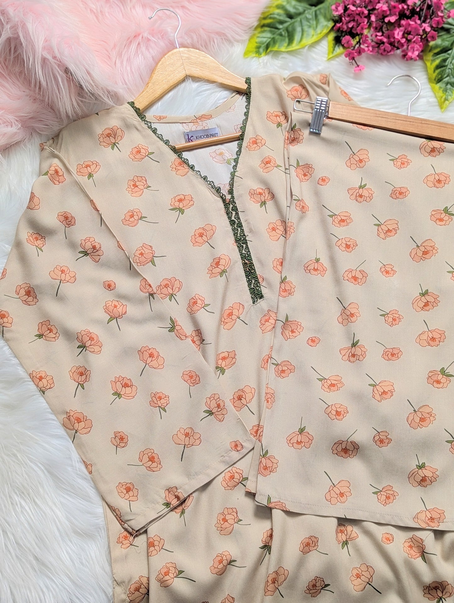 Creamy Petals Linen Stitched 2pc