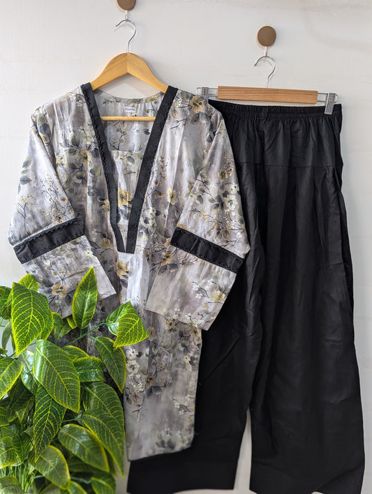 Grey Petals Lawn Farshi Shalwar Set - 2pc Dress