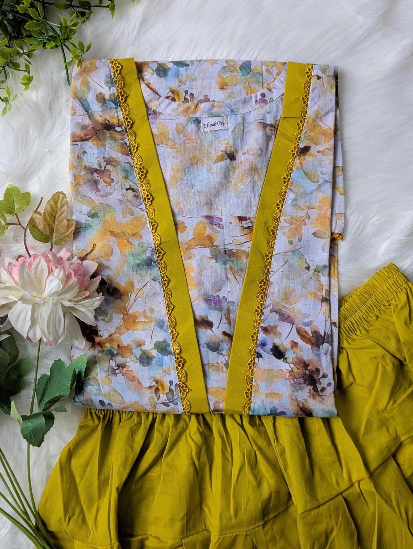 Mustard Florals Lawn Farshi Shalwar Set - 2pc Dress
