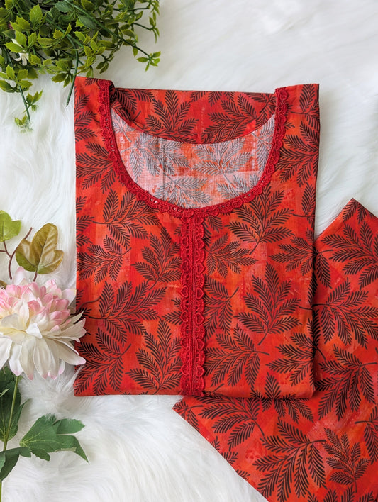 Red Leafs lawn 2pc Co-ord Set