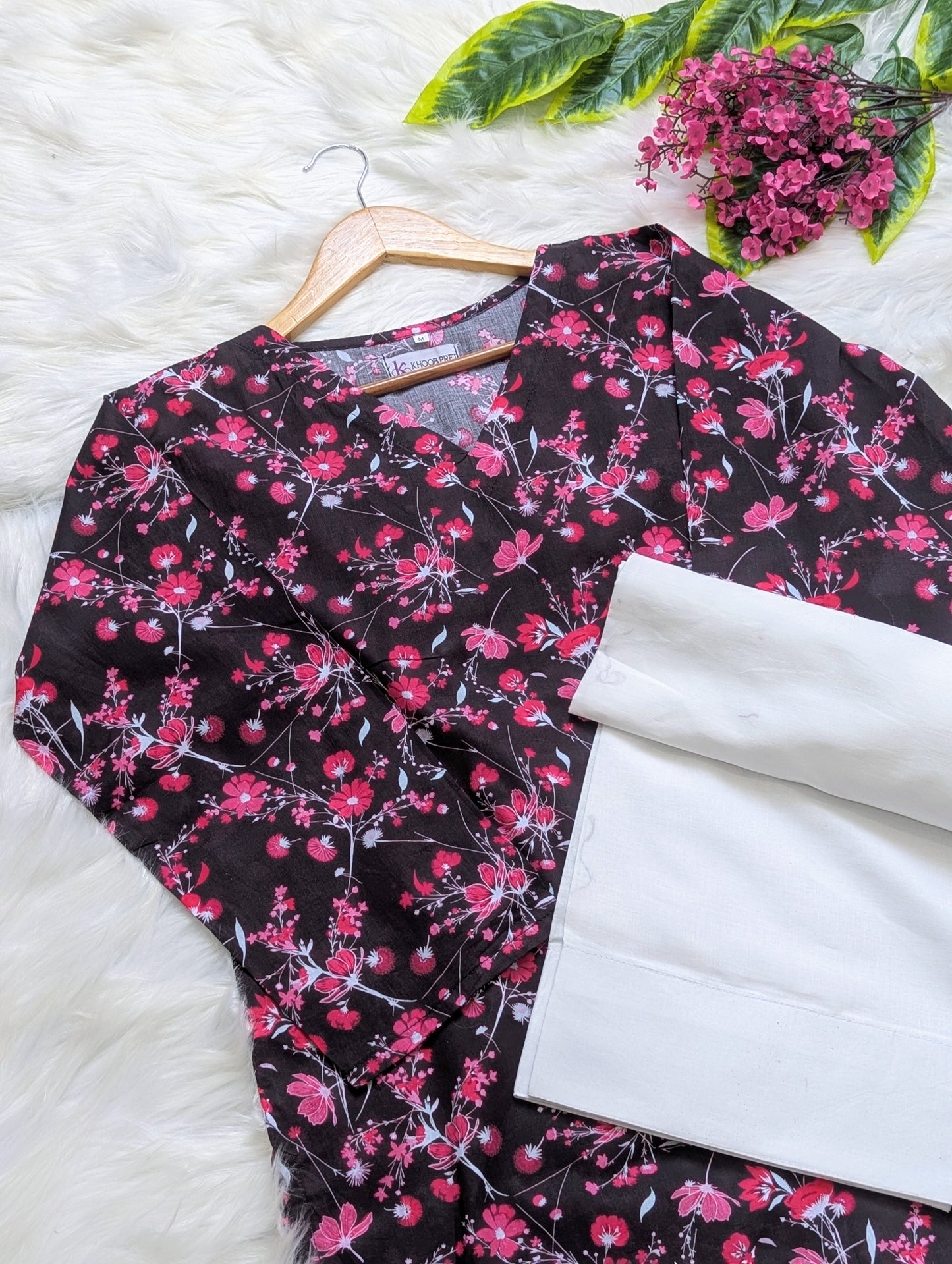 Black Floral Lawn Farshi Set - Corset Back - 2pcs