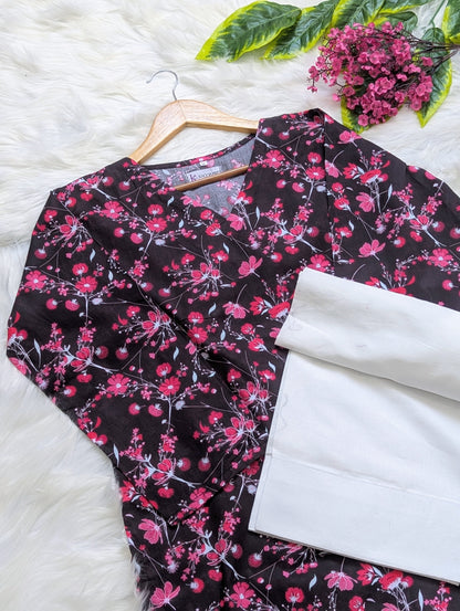 Black Floral Lawn Farshi Set - Corset Back - 2pcs