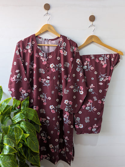 Burgandy Florals Linen 2pc Dress