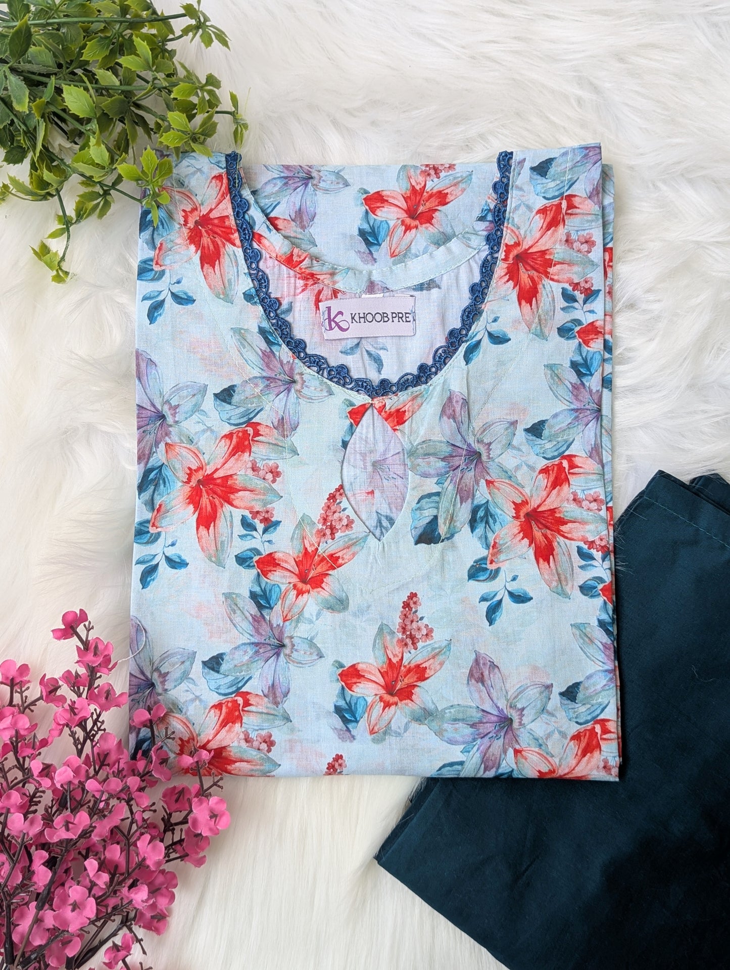 Sea Blue Petals & Blue Wide Leg Plazo - 2pcs