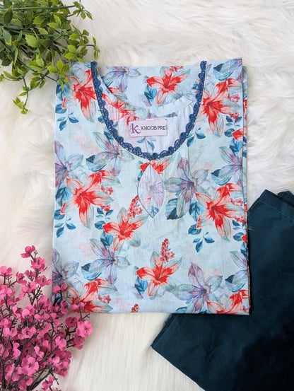Sea Blue Petals & Blue Wide Leg Plazo - 2pcs