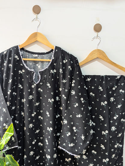 Black Florals Linen Stitched 2pc