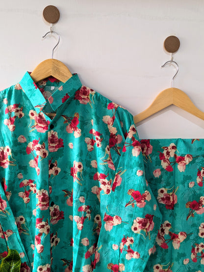 Sea Green Petals Lawn Button Down Co-ord