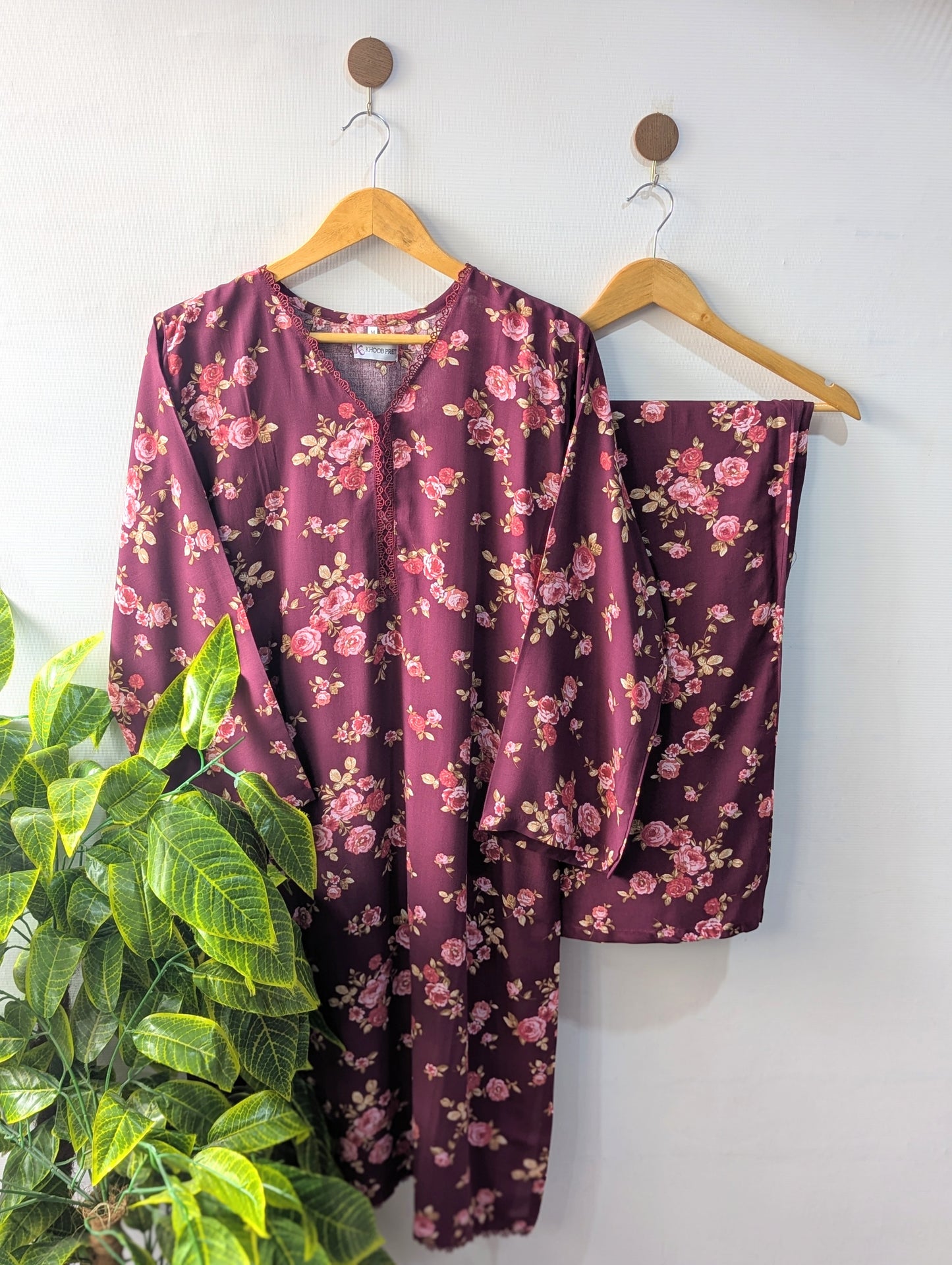 Burgundy Florals Linen Stitched 2pc