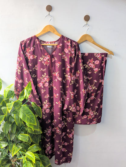 Burgundy Florals Linen Stitched 2pc