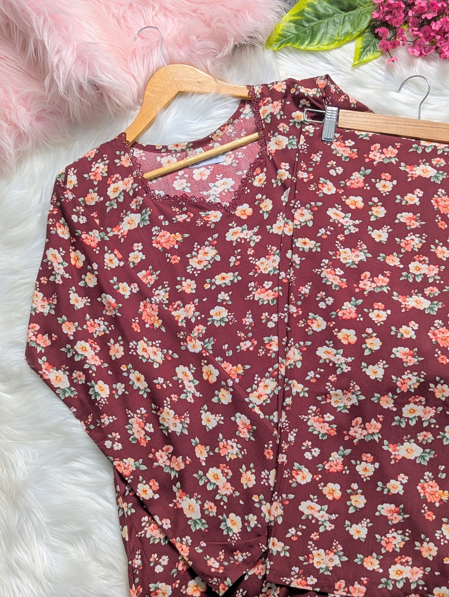 Maroon Petals Linen Stitched 2pc