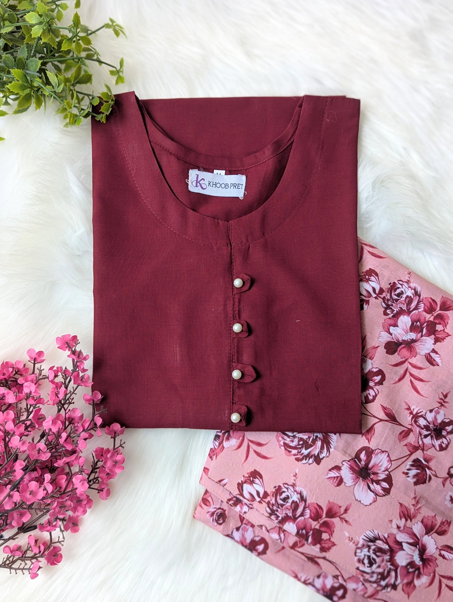 Maroon & Pink Floral Lawn Farshi Set - 2pcs