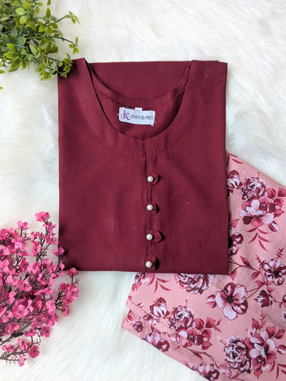 Maroon & Pink Floral Lawn Farshi Set - 2pcs