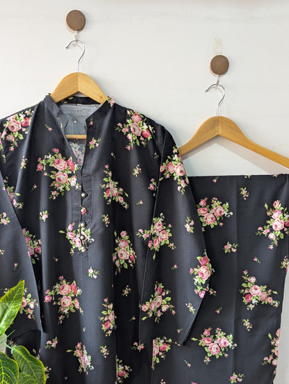 Black & Pink Floral Linen Stitched 2pc