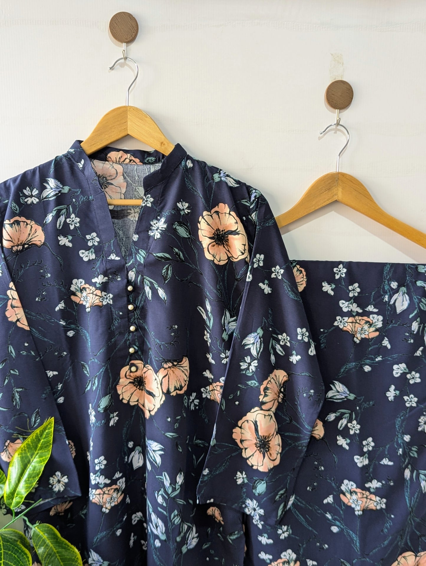 Navy Florals Linen Stitched 2pc