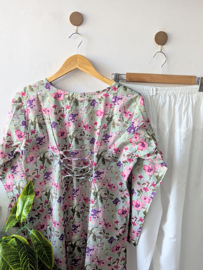 Green Floral Lawn Farshi Set - Corset Back - 2pcs