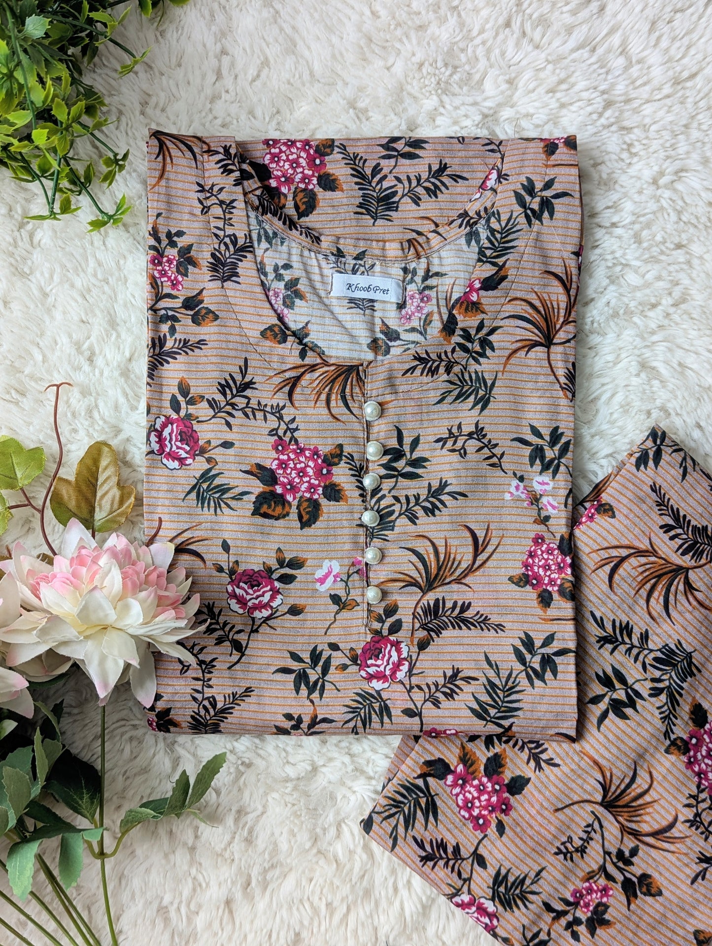 Taupe Florals Lawn 2pc Co-ord Set