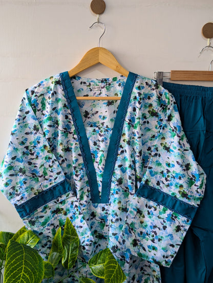 Sea Blue Lawn Farshi Shalwar Set - 2pc Dress