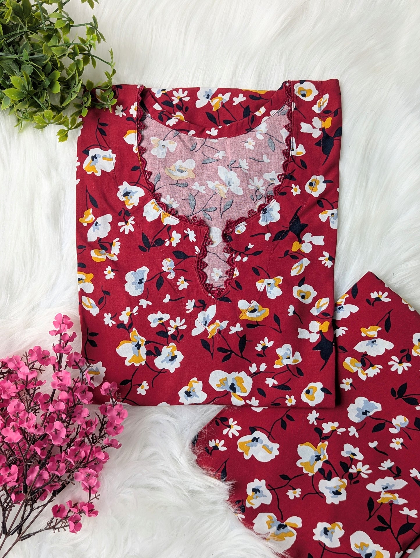 Maroon Petals Linen Stitched 2pc