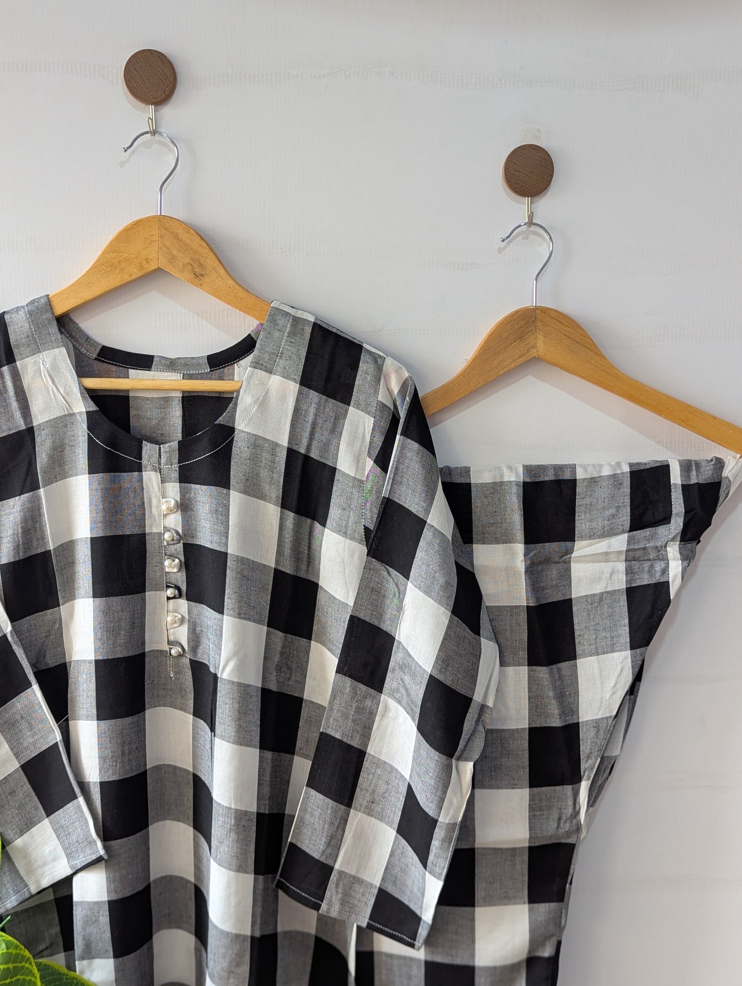 White & Grey Checks Linen 2pc Dress