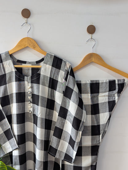 White & Grey Checks Linen 2pc Dress