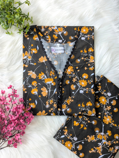 Black Florals Lawn Stitched 2pc