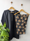 Solid & Black Floral Lawn Farshi Set - 2pcs