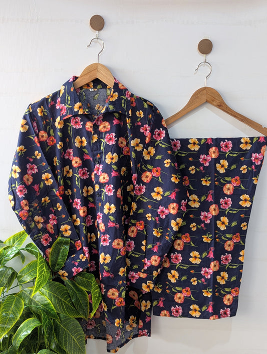 Navy Flora Lawn Buttown Down Co-ord