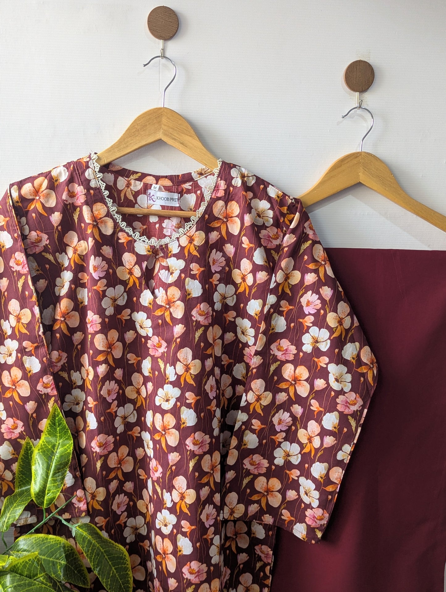 Maroon Petals & Solid Wide Leg Plazo - 2pcs
