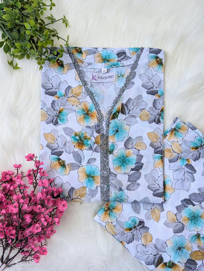 White & Sea Blue Lawn Stitched 2pc