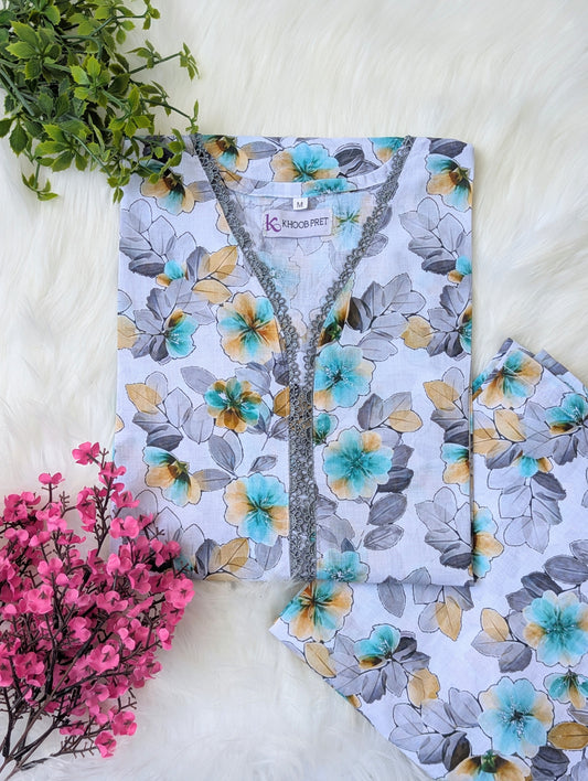 White & Sea Blue Lawn Stitched 2pc