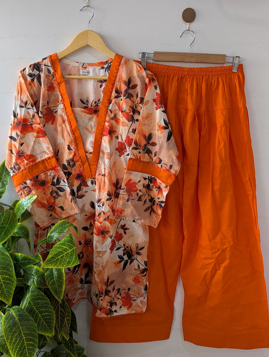 Saffron Floral Lawn Farshi Shalwar Set - 2pc Dress