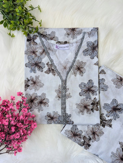 Grey Florals Lawn Stitched 2pc
