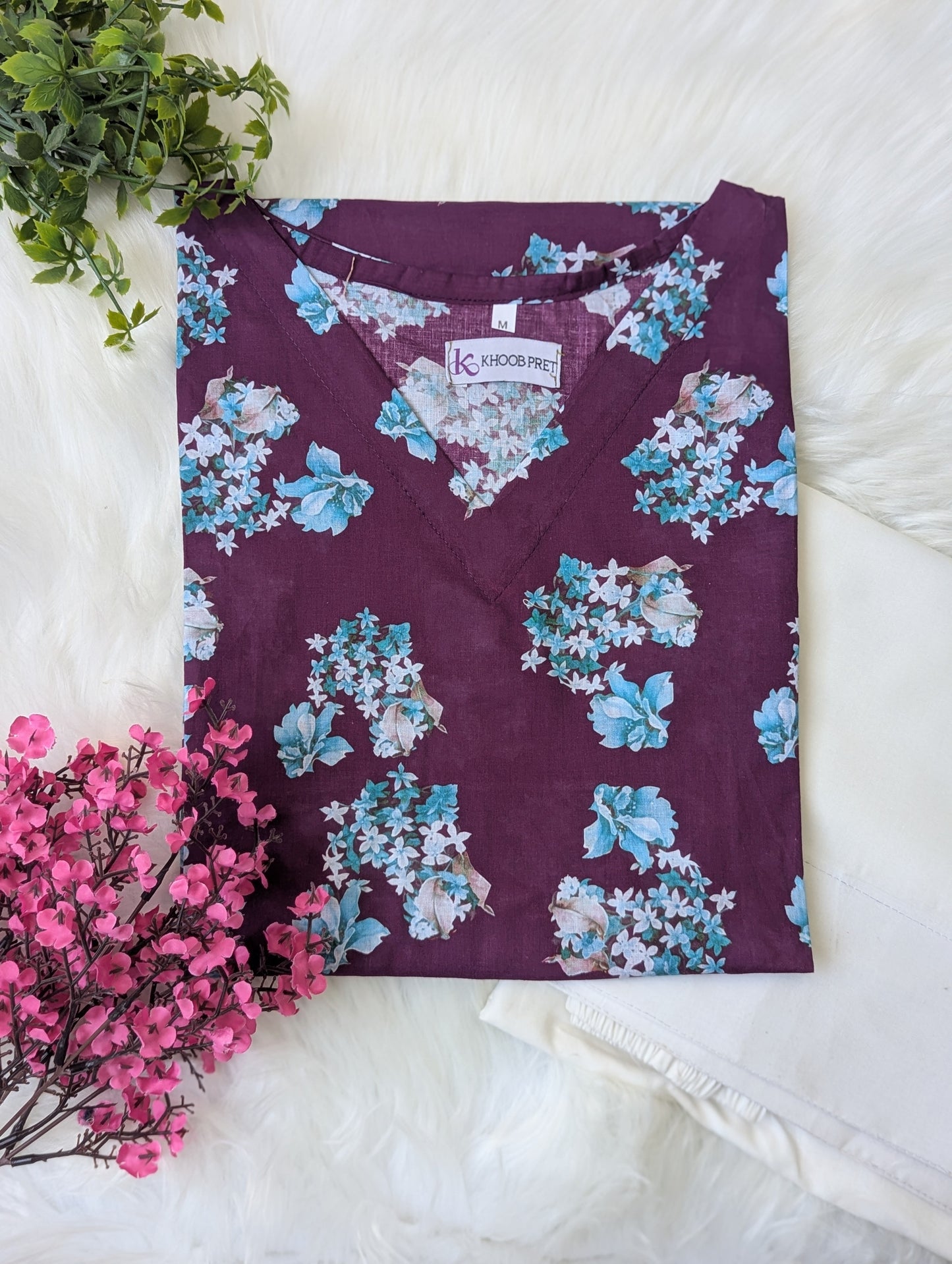 Burgundy Floral Lawn Farshi Set - Corset Back - 2pcs