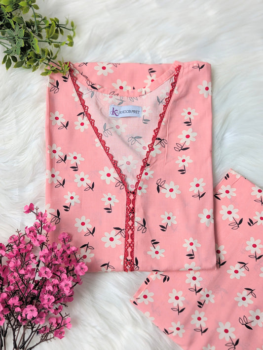 Pink Florals Linen Stitched 2pc