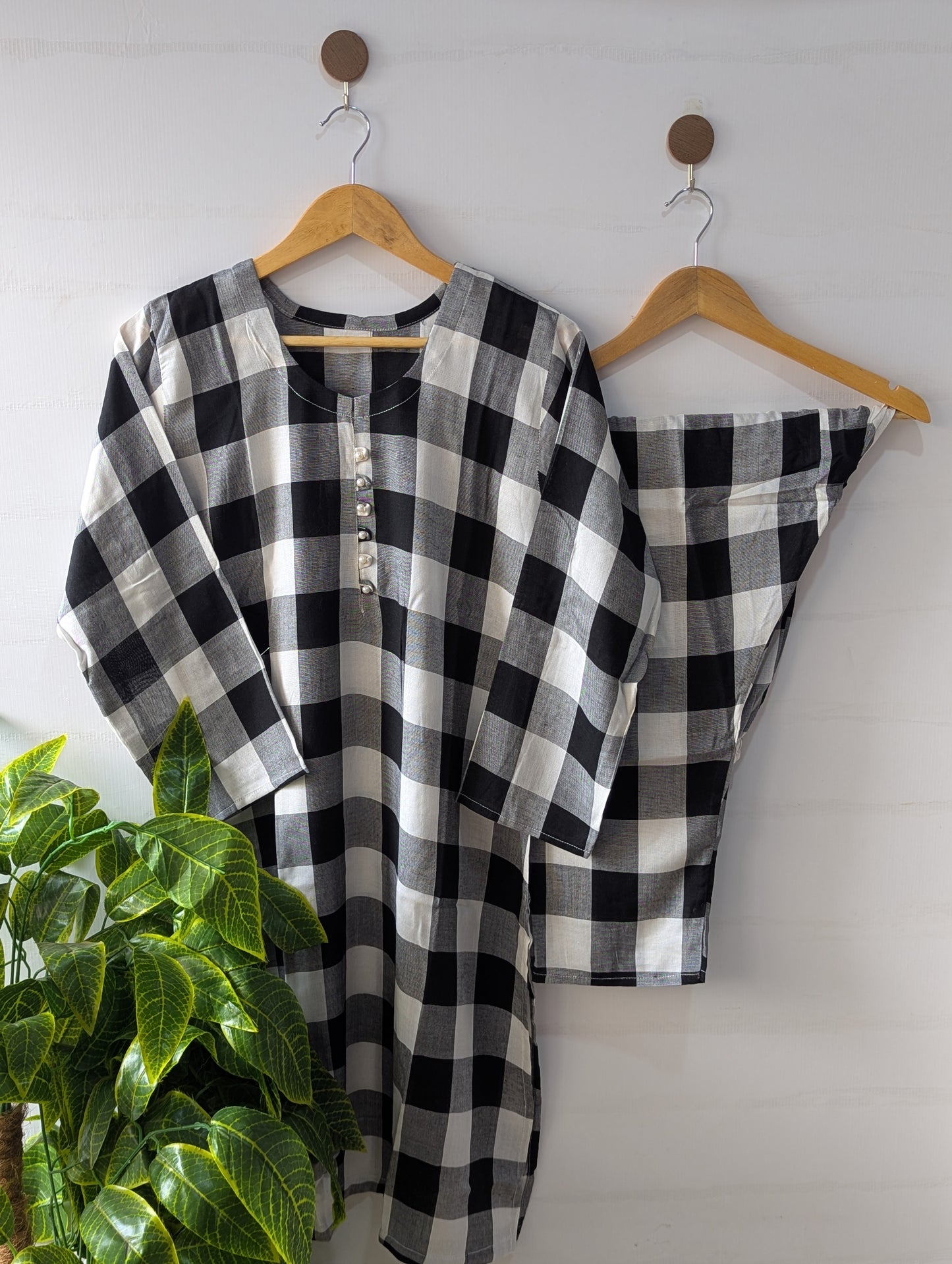 White & Grey Checks Linen 2pc Dress