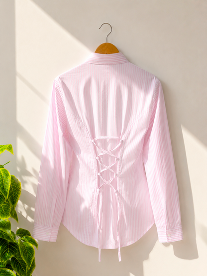 Pink Striped Corset Back Shirt