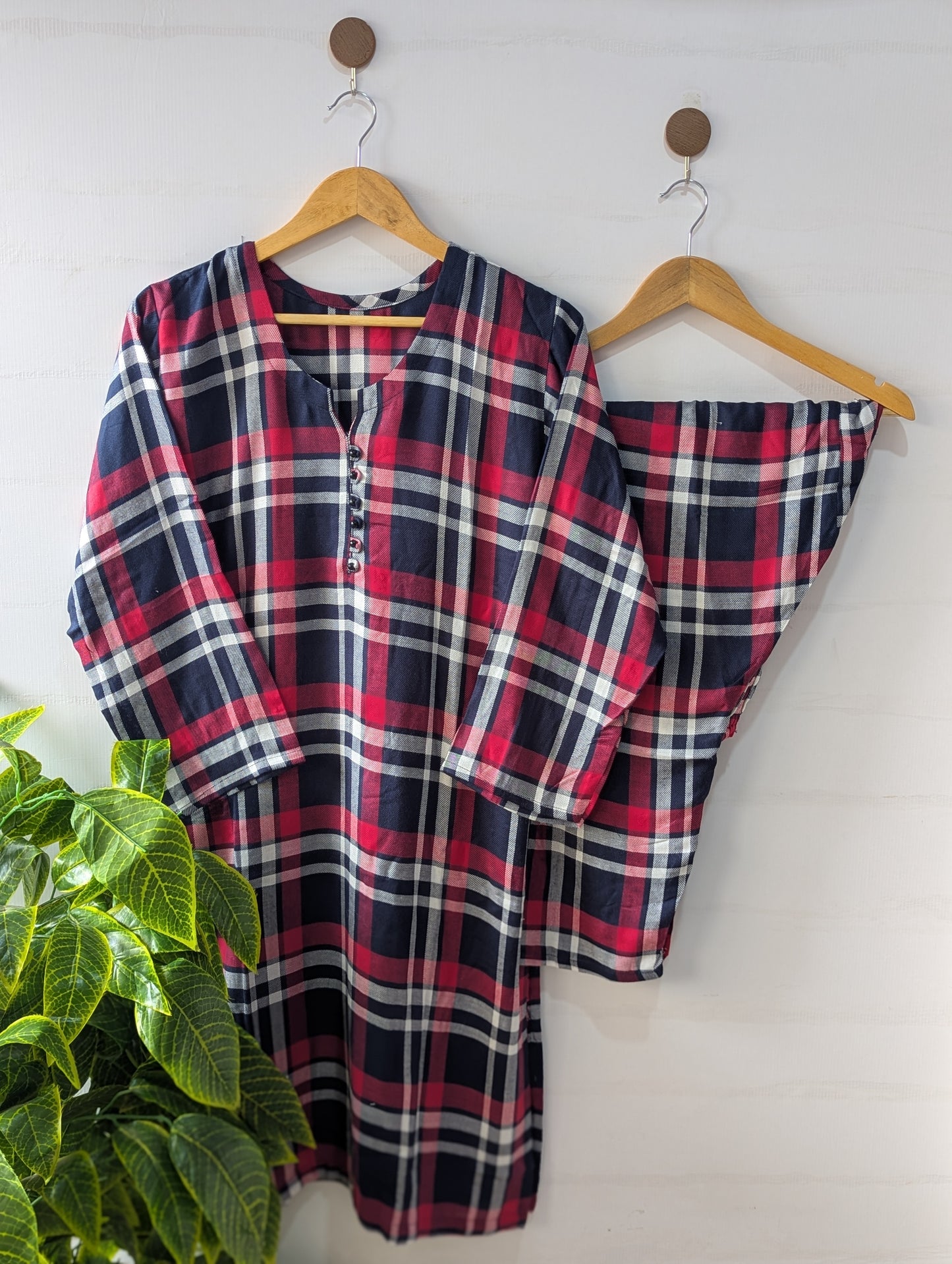Red & Black Checks Linen 2pc Dress