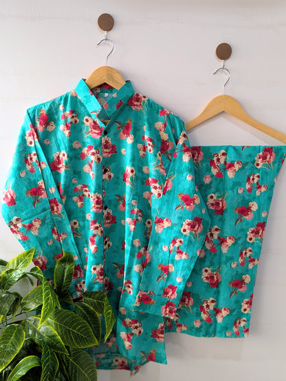 Sea Green Petals Lawn Button Down Co-ord