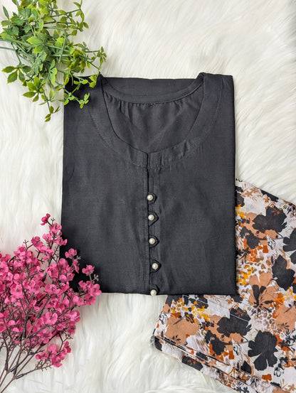 Black & Little Florals Lawn Farshi Set - 2pcs