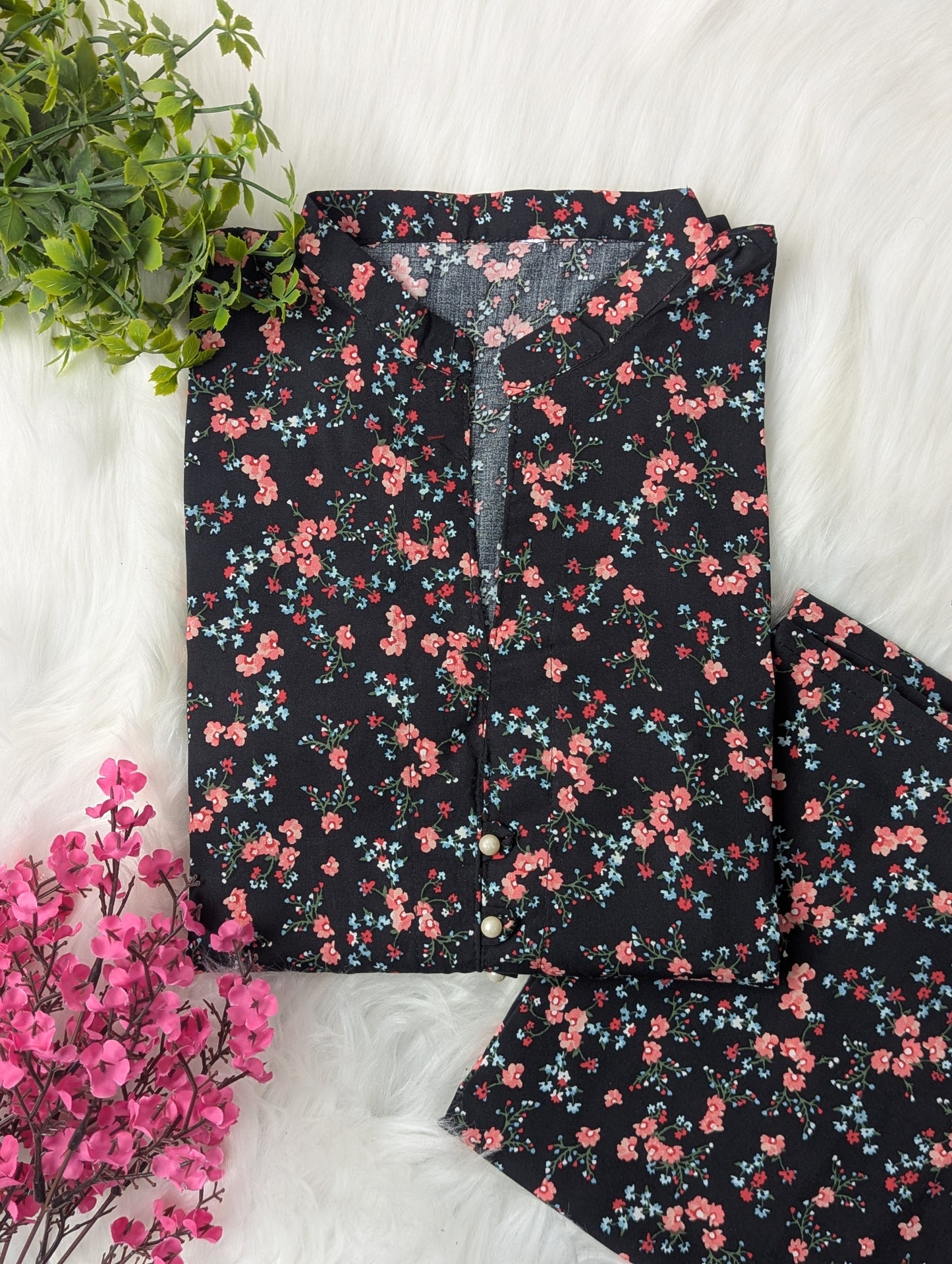 Black Petals Linen Stitched 2pc