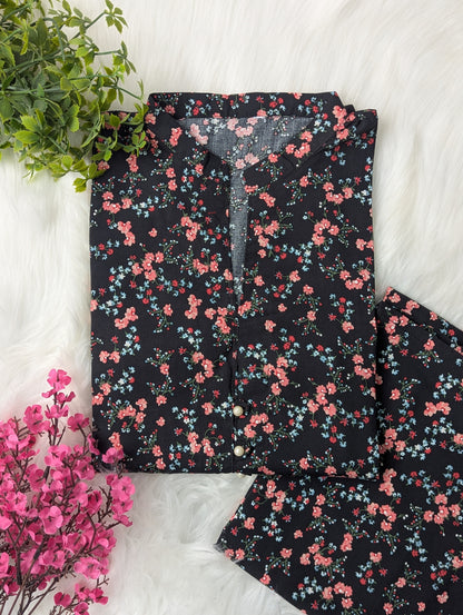 Black Petals Linen Stitched 2pc