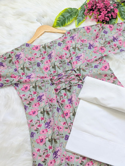 Green Floral Lawn Farshi Set - Corset Back - 2pcs